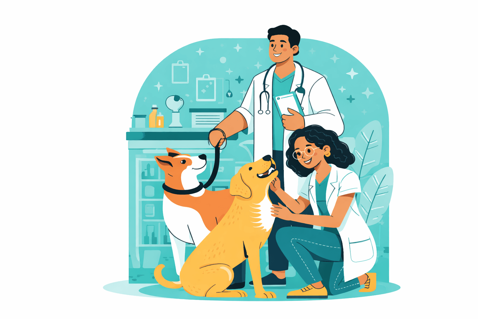 Equipo veterinario cuidando mascotas en el consultorio